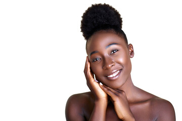 A radiant young woman with a glowing complexion and a high puff hairstyle smiles warmly, her hands gently framing her face