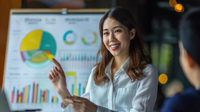 Big data analysis and fintech e-commerce concept with successful asian or japanese woman as executive director presenting statistics to diverse conference meeting members in the office with graphs
