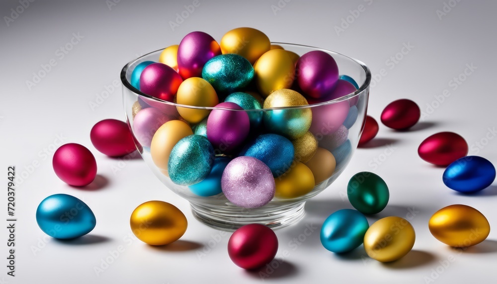 Canvas Prints A bowl of colorful eggs on a white background