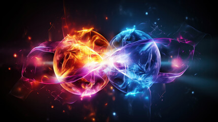 Obraz premium Scientific concept of depicting the fusion of two atoms. Sci-fi background. Quantum physics. Generative AI