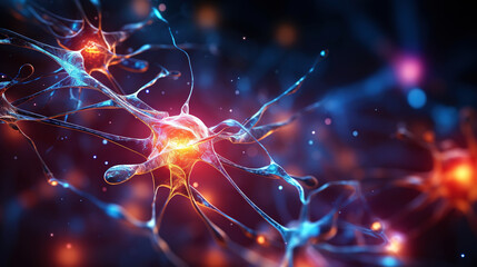 Visualization of neurons in the human brain. Overview of brain cells. Generative AI - obrazy, fototapety, plakaty