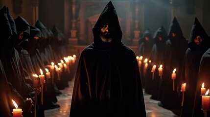 A man in a dark robe and hood holding a candle in a satanic church. Satanism concept. Evil Cult...