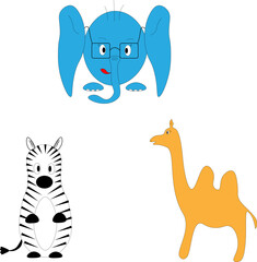 A blue elephant with glasses a striped zebra and an orange camel are funny little animals