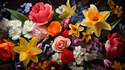 Colorful spring flowers with tulips and narcissus - obrazy, fototapety, plakaty