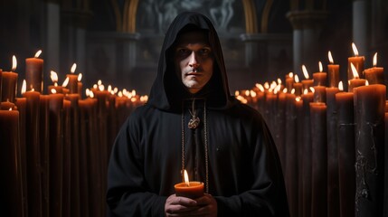 A man in a dark robe and hood holding a candle in a satanic church. Satanism concept. Evil Cult Concept. - obrazy, fototapety, plakaty