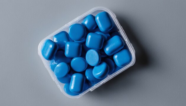 A container of blue pills