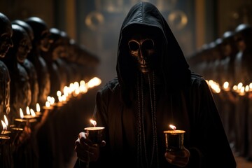 Unrecognizable man in black death costume standing in front of a group of people with candles in the background. Evil Cult concept.