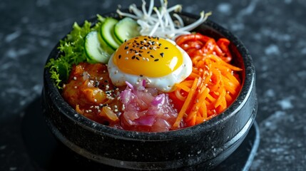 Delicious bibimbap in a stone bowl with steam and vegetables.
