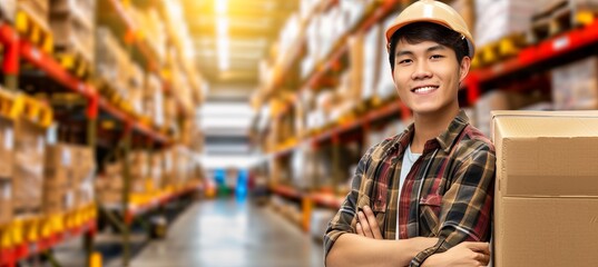 Warehouse worker standing in bright distribution center with natural light and large space