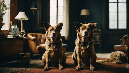 a dogs sit in room - obrazy, fototapety, plakaty
