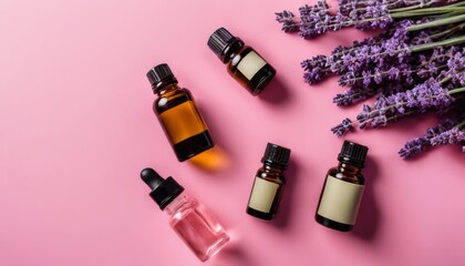 A collection of essential oils and lavender flowers - obrazy, fototapety, plakaty