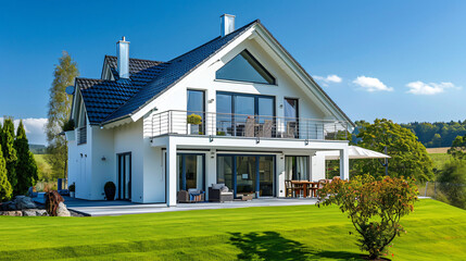 Idyllic German Home: Bright Facade with Lush Green Grass in Perfect Weather