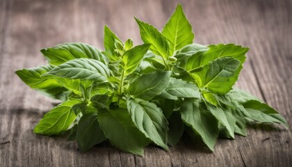 A bunch of green leaves on a wooden table