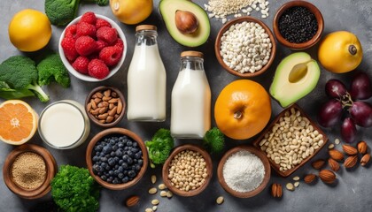 A variety of foods including milk, fruit, nuts and grains
