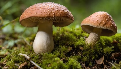 Fototapeta premium Two mushrooms growing on the ground