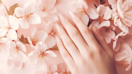 Female hand with peach manicure in flowers close-up. - obrazy, fototapety, plakaty