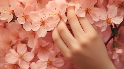Female hand with peach manicure in flowers close-up.