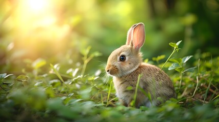 Fototapeta premium Medium close up shot of rabbit in nature blur background in forest. Generative AI