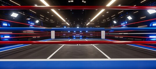 Empty professional boxing ring in vibrant arena, awaiting intense matches and sporting events. - obrazy, fototapety, plakaty