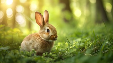 Fototapeta na wymiar Medium close up shot of rabbit in nature blur background in forest. Generative AI