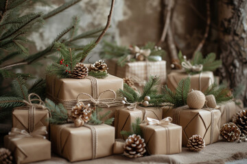 christmas presents arranged in front of trees and branches
