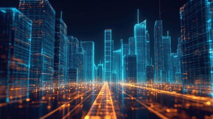 Hologram of high-rise buildings with glowing virtual grid