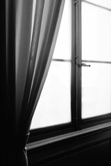 Vertical Grayscale Shot Old Window Curtain It With White Background 1