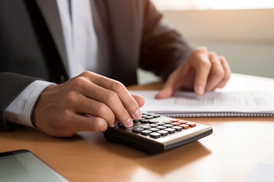 Man's Hands Skillfully Crunching Numbers on a Calculator.