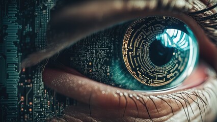The eye of a cyborg, a human android. The concept of the world of the future