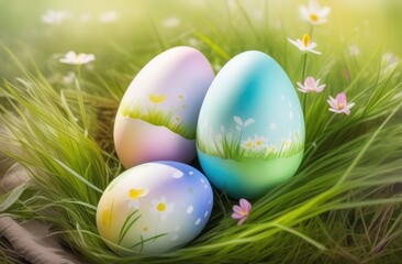 Fototapeta na wymiar Painted Easter eggs on spring meadow green grass and flowers on sunny day. Hunting eggs celebrating Happy Easter