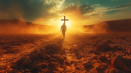 Silhouette of a man in the desert with a cross in the smoke and dust under the sun. - obrazy, fototapety, plakaty