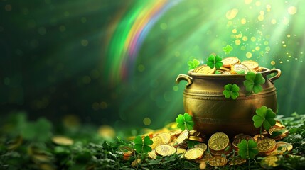 St Patrick's day gold pot with green background and real shiny gold coins with a real rainbow in high resolution and quality