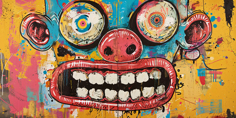 Vibrant Graffiti Artwork Featuring a Bold, Colorful Face with Expressive Eyes and a Wide Mouth - Urban Street Art