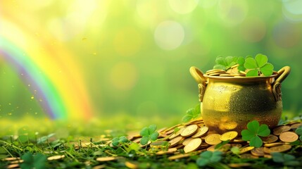 St Patrick's day pot with gold with green background and shiny gold coins