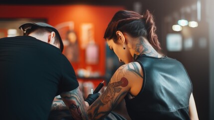 Obraz premium Close-up of artist applying tattoo on back of customer, copy space for text