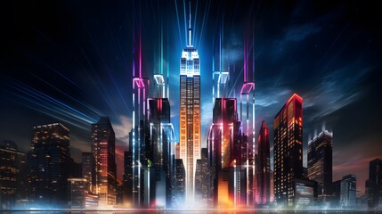 Fototapeta na wymiar Futuristic skyscraper glows with vibrant multi colored lighting. 