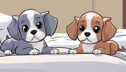Fototapeta premium Two puppies laying on a bed