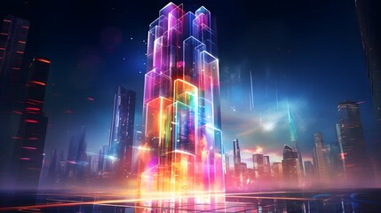 Futuristic skyscraper glows with vibrant multi colored lighting.
