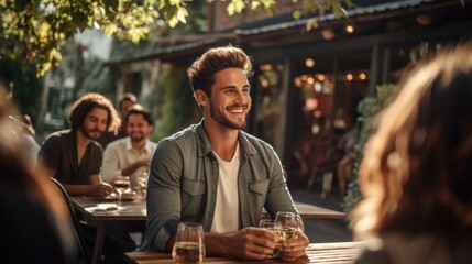 Large group of friends, millennial people with friend enjoying a fun-filled social gathering at an outdoor restaurant, friendship and social gathering concept, Generative AI - obrazy, fototapety, plakaty
