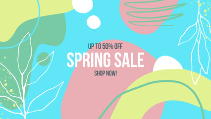 Naklejka premium Springtime Sale Commercial Background. Spring season sale promotional banner. Hand drawn abstract elements. Vector illustration.