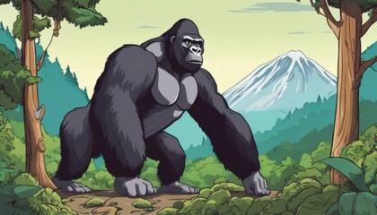 A gorilla is walking through a forest