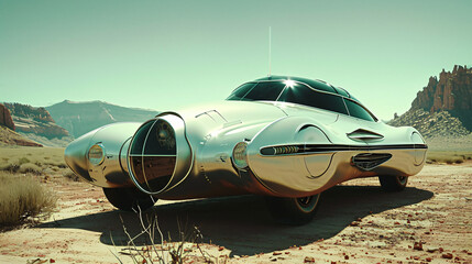 Fototapeta na wymiar Futuristic Silver Concept Car in a Picturesque Desert Landscape: A Blend of Innovation and Nature