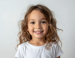 little girl in a white tee shirt smiling on a white background 
