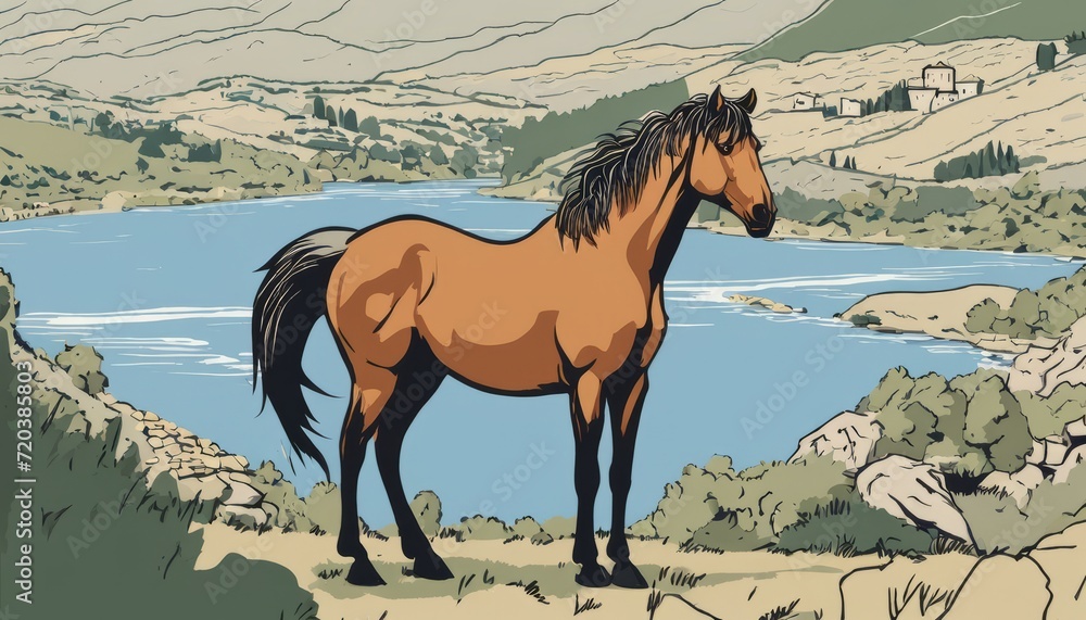 Poster A brown horse stands by a lake