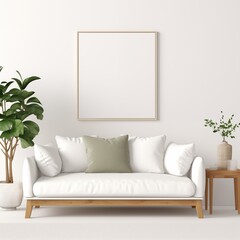 modern calm living room with sofa and mockup for painting, empty space for text 

