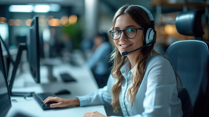 Female Telemarketer in Headset, Consulting Online Customer on Computer in Customer Support Office. Generative AI