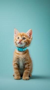 little orange cat with a blue collar  standing on a blue background