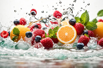multivitamin water wave splash with various fruit and peppermint leaves   isolated on white background , generate AI
