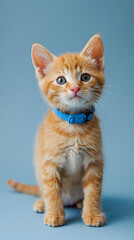little orange cat with a blue collar  standing on a blue background