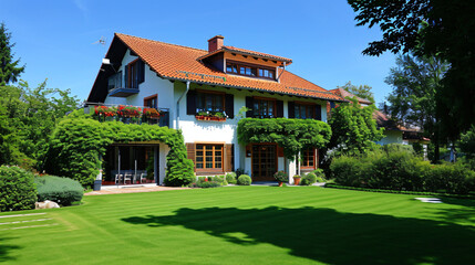 Fototapeta na wymiar Idyllic German Home: Bright Facade with Lush Green Grass in Perfect Weather